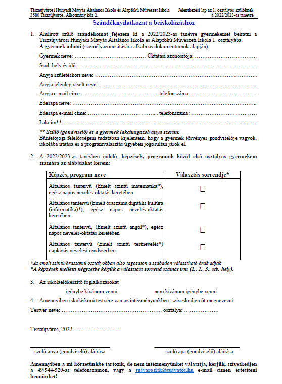 Jelentkezési lap a 2022/2023-as tanévre